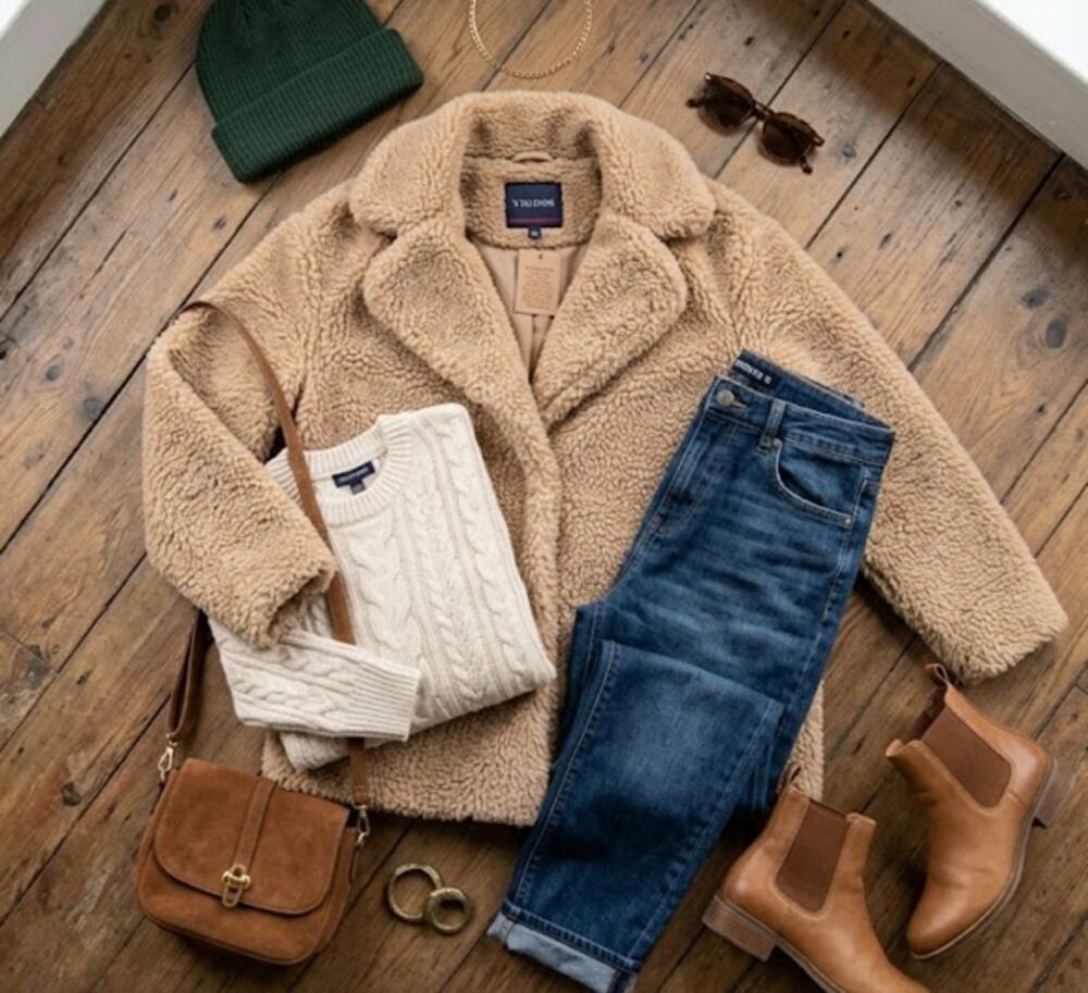 Vigoss Teddy Bear Coat Women Large Tan Sherpa Faux Fur Fleece Jacket Cabincore